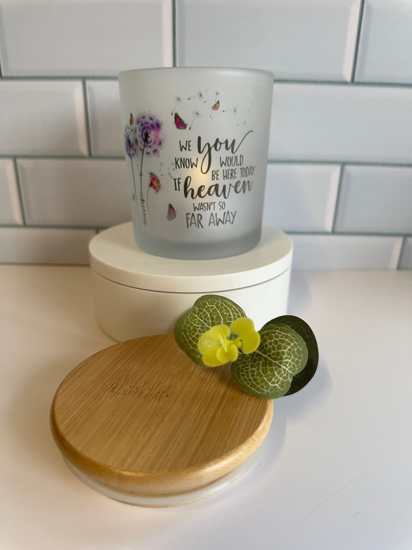 Memorial candle holder, frosted glass jar with bamboo lid