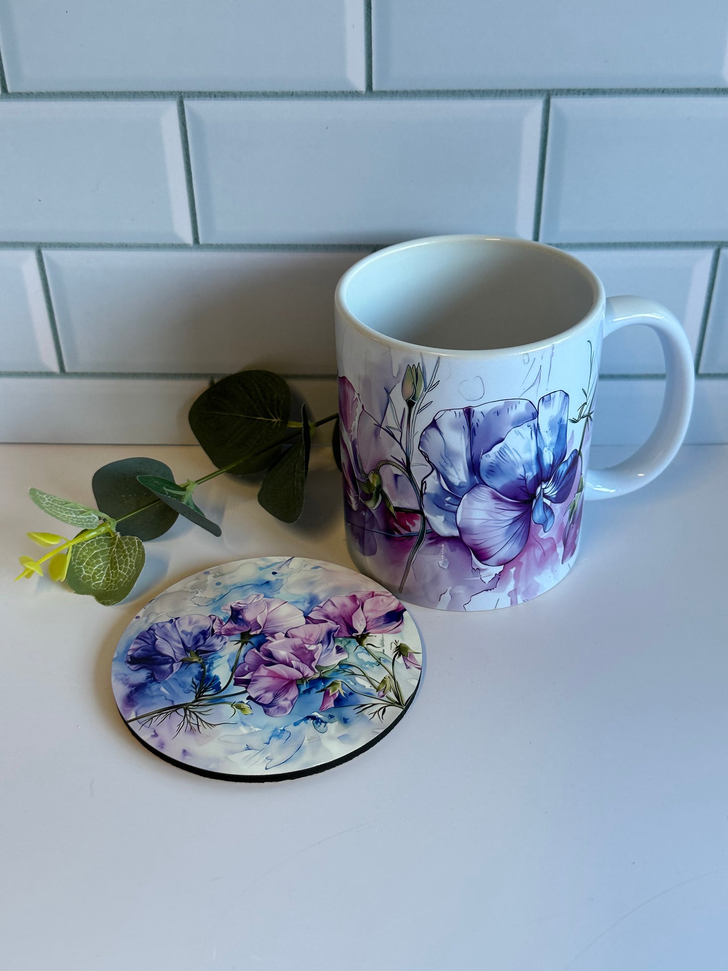 Sweet pea gift box, ceramic mug, coaster and tin, the perfect gift