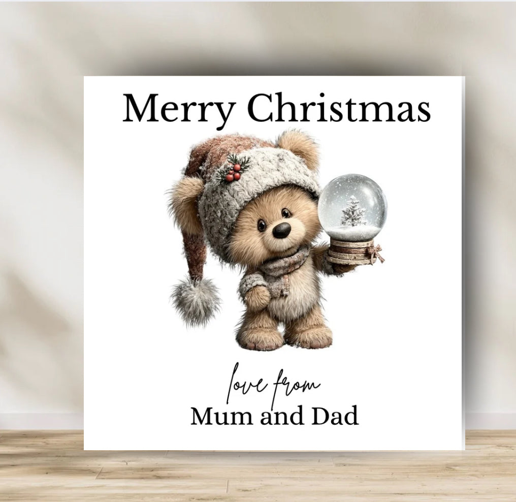 Christmas card, bear and snow globe , love from Mum and Dad