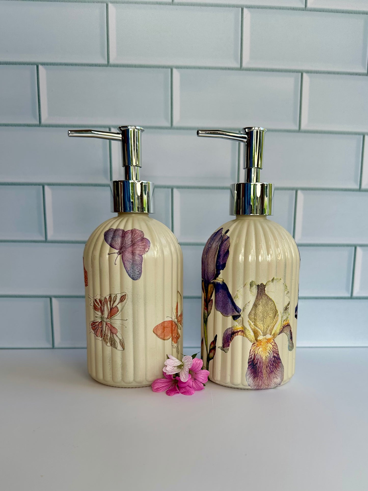 Soap dispensers, choose from either butterfly’s or iris design