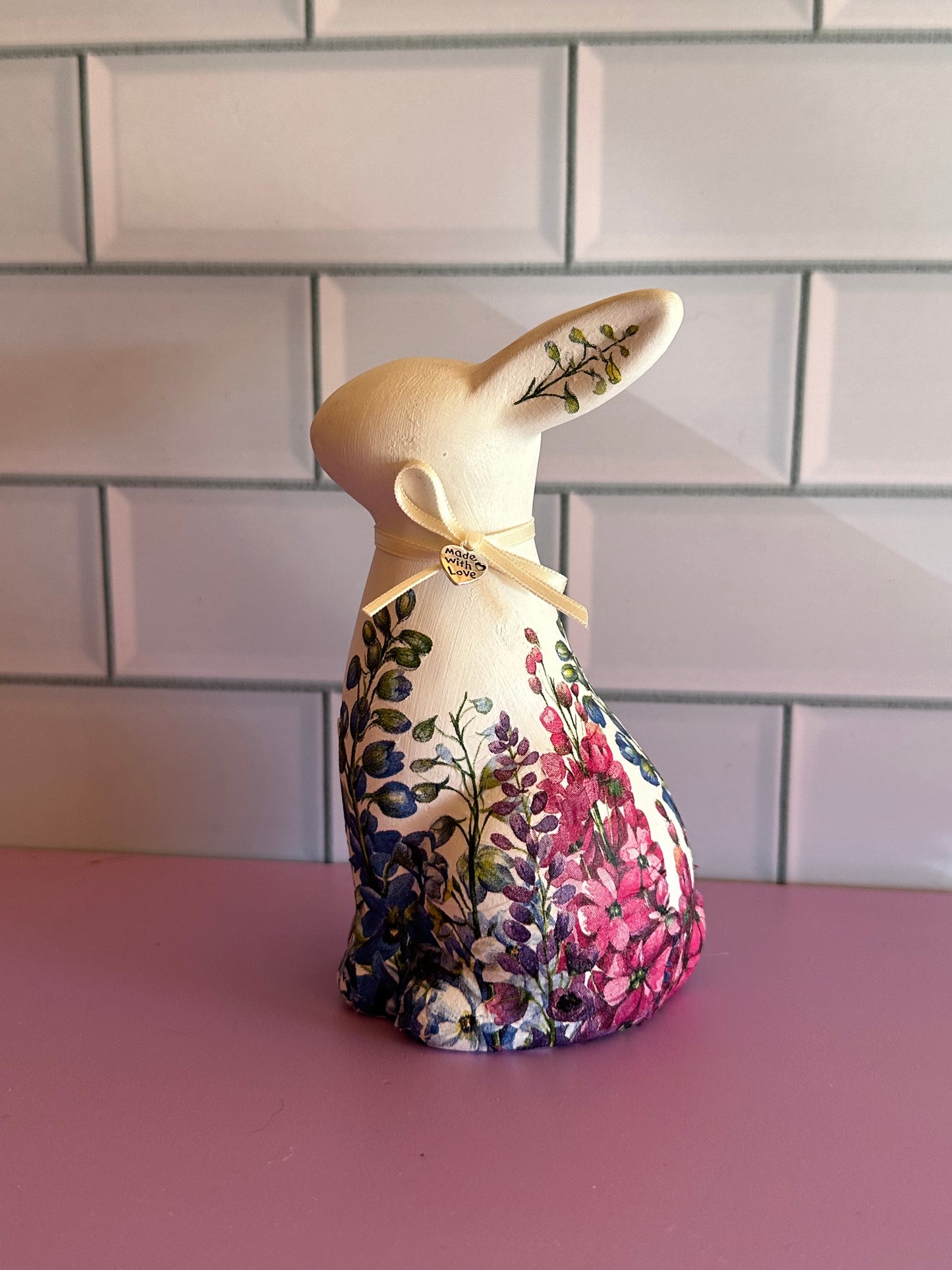 Easter decoupage bunny with larkspur decoupage