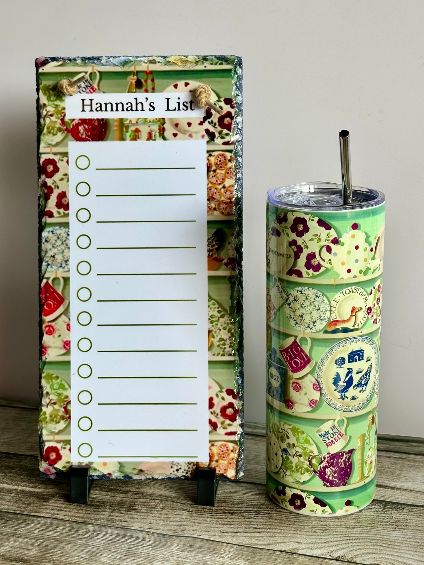 Personalised slate to-do list and matching 20oz tumbler, Emma Bridgewater inspired design