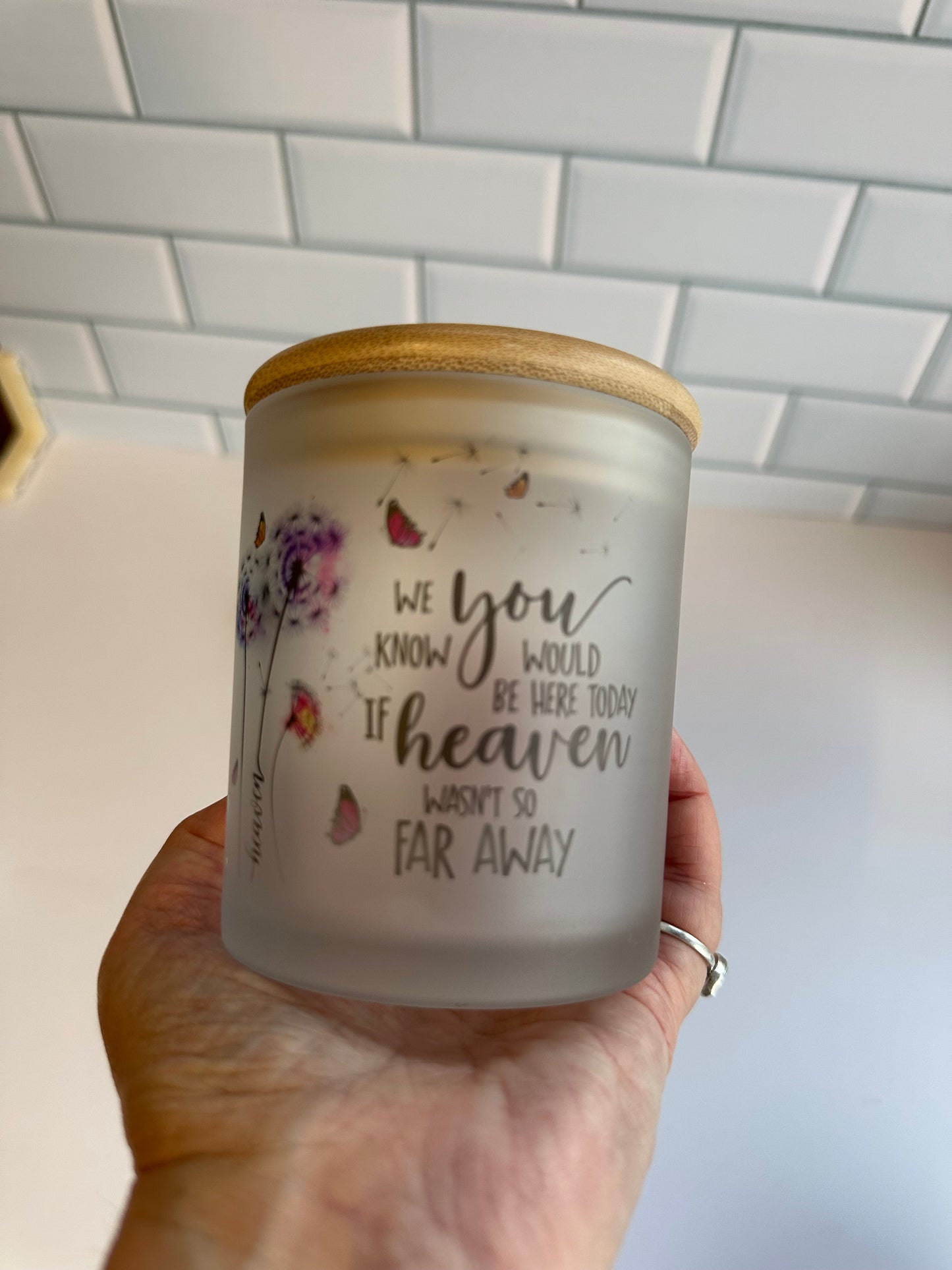 Memorial candle holder, frosted glass jar with bamboo lid