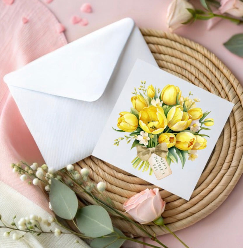 Mother’s Day card, yellow tulip bouquet with Happy Mothers Day tag
