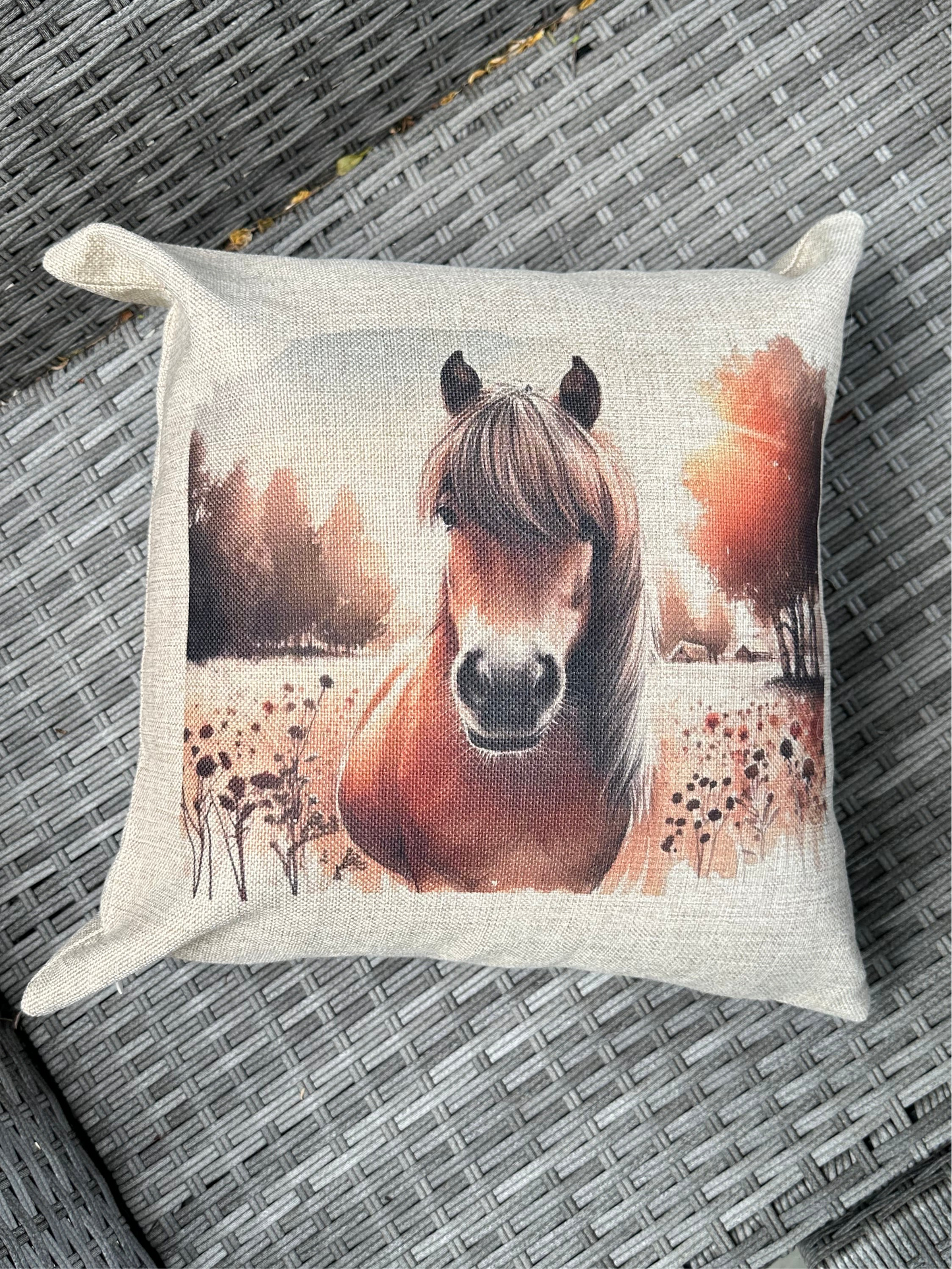Pony design by The House of Rookery cushion cover. Hesian type finish