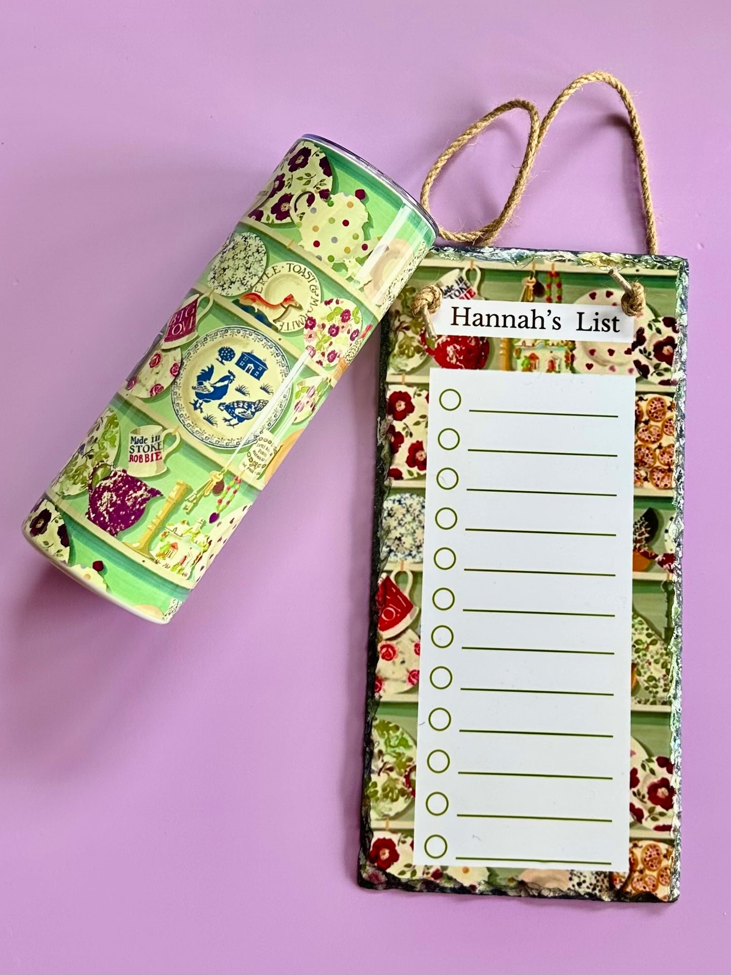 Personalised slate to-do list and matching 20oz tumbler, Emma Bridgewater inspired design