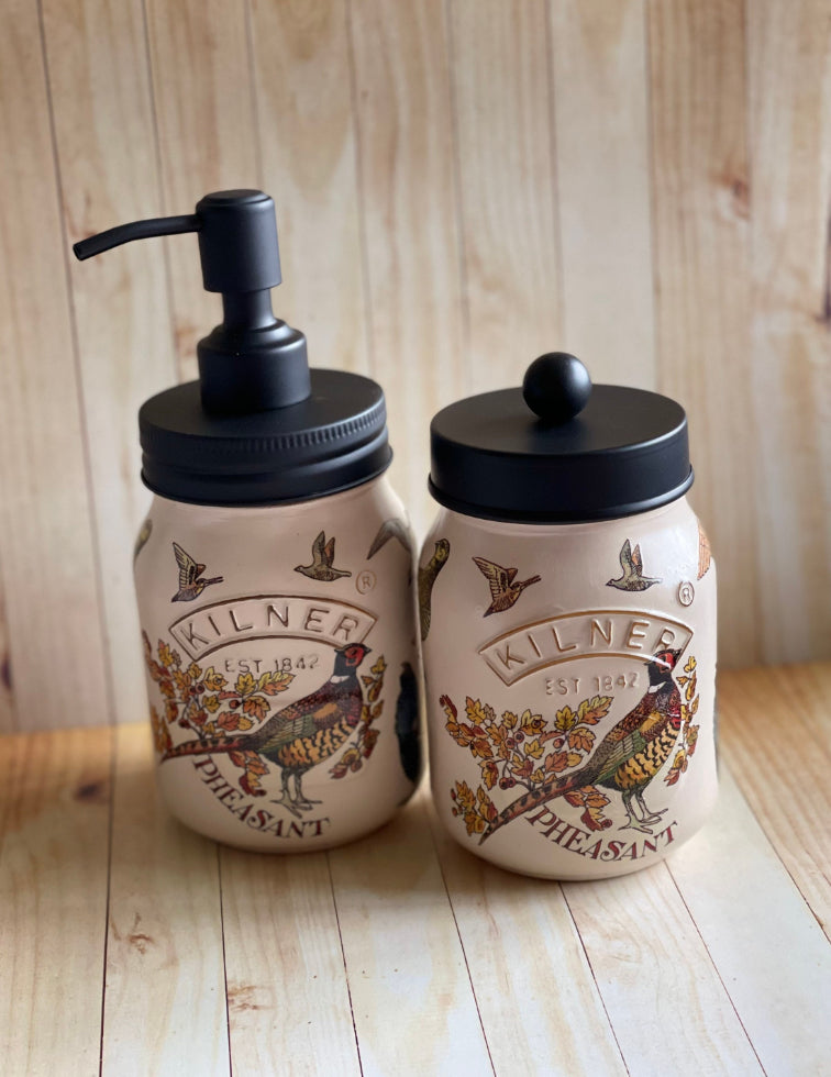 Partridge, game bird design Kilner Jar, Emma Bridgewater inspired soap dispenser