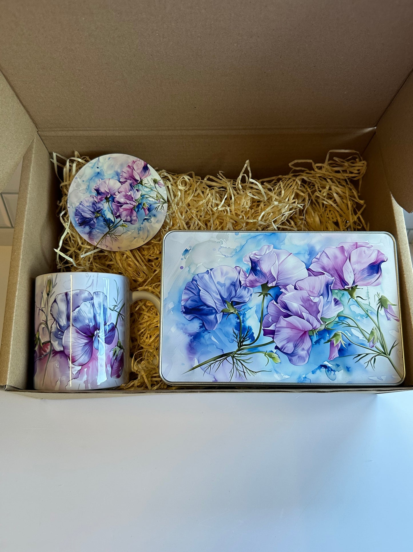 Sweet pea gift box, ceramic mug, coaster and tin, the perfect gift