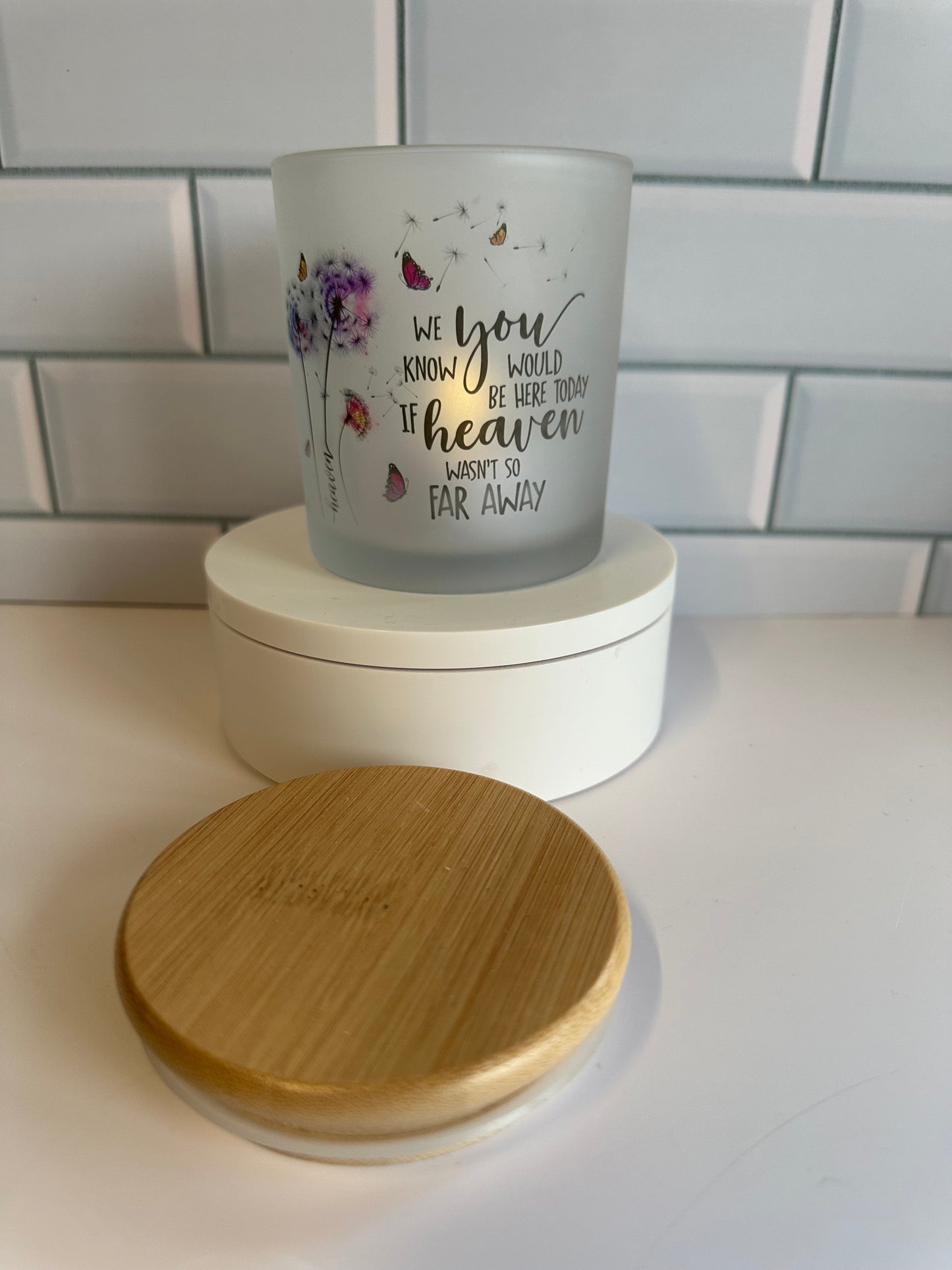 Memorial candle holder, frosted glass jar with bamboo lid