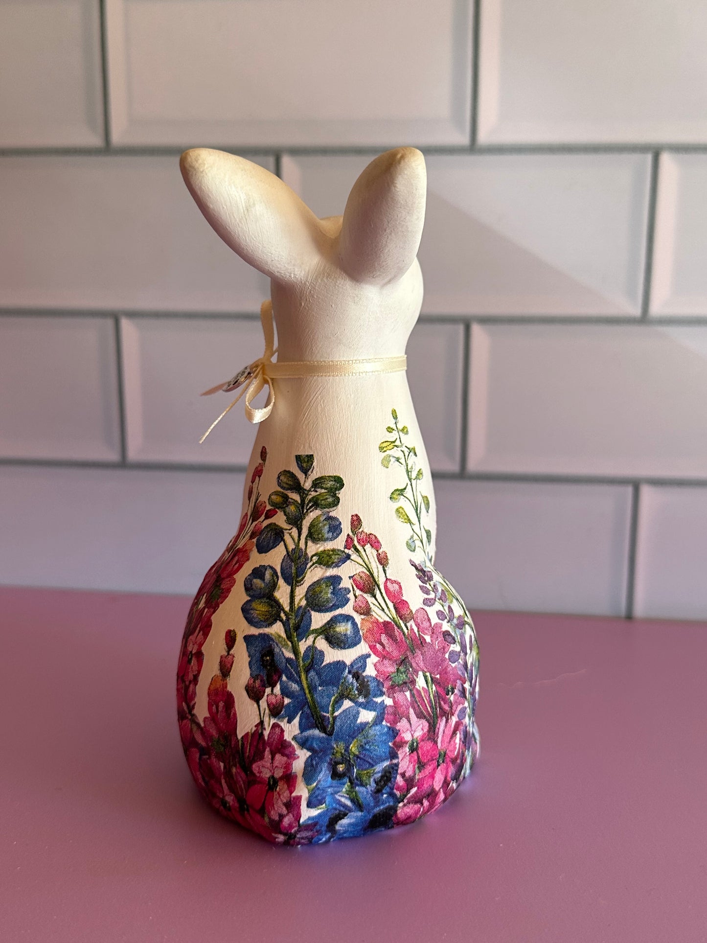 Easter decoupage bunny with larkspur decoupage