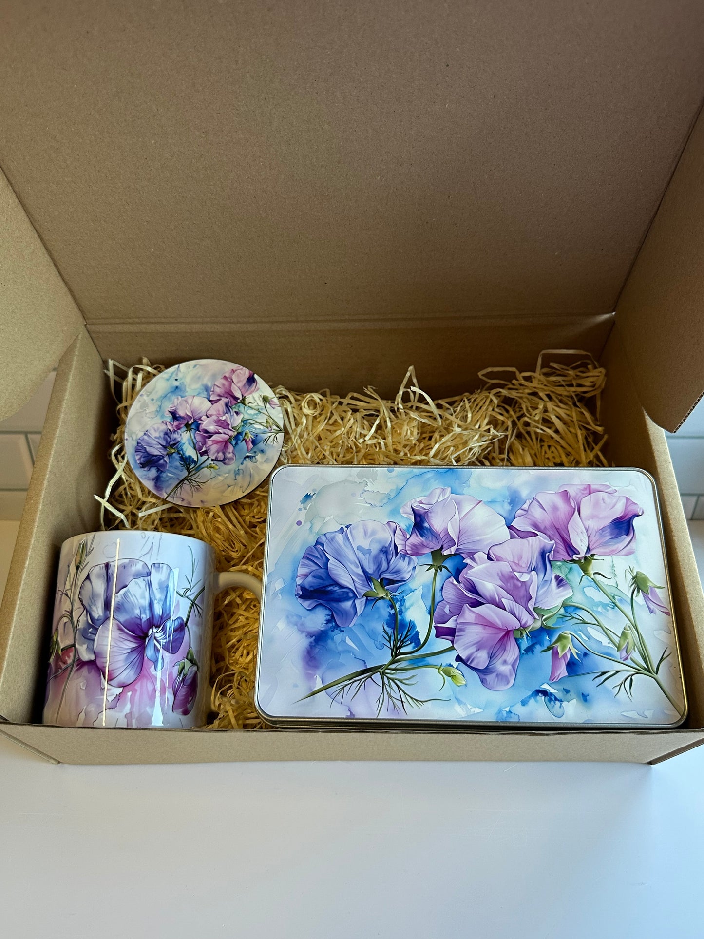 Sweet pea gift box, ceramic mug, coaster and tin, the perfect gift