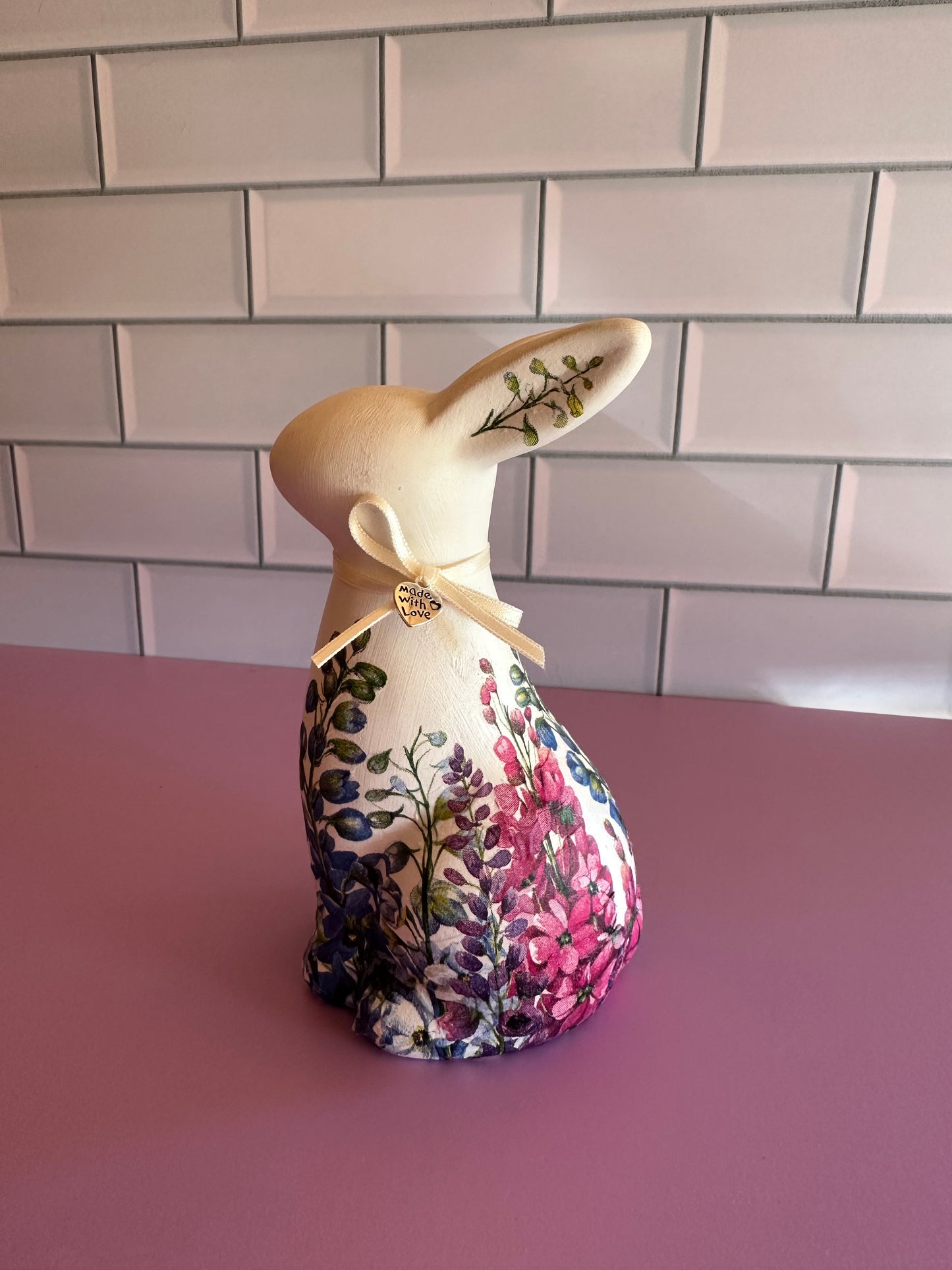 Easter decoupage bunny with larkspur decoupage