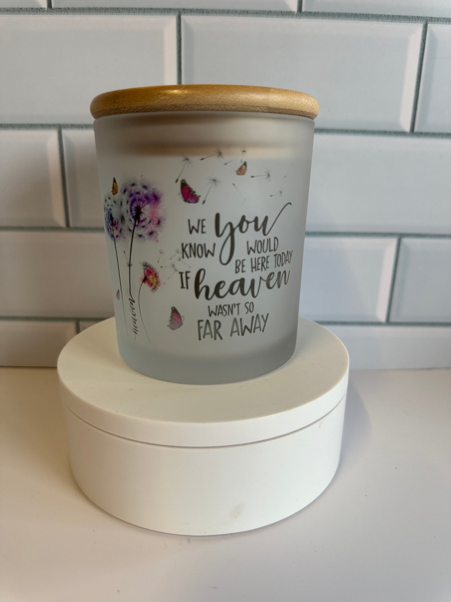 Memorial candle holder, frosted glass jar with bamboo lid