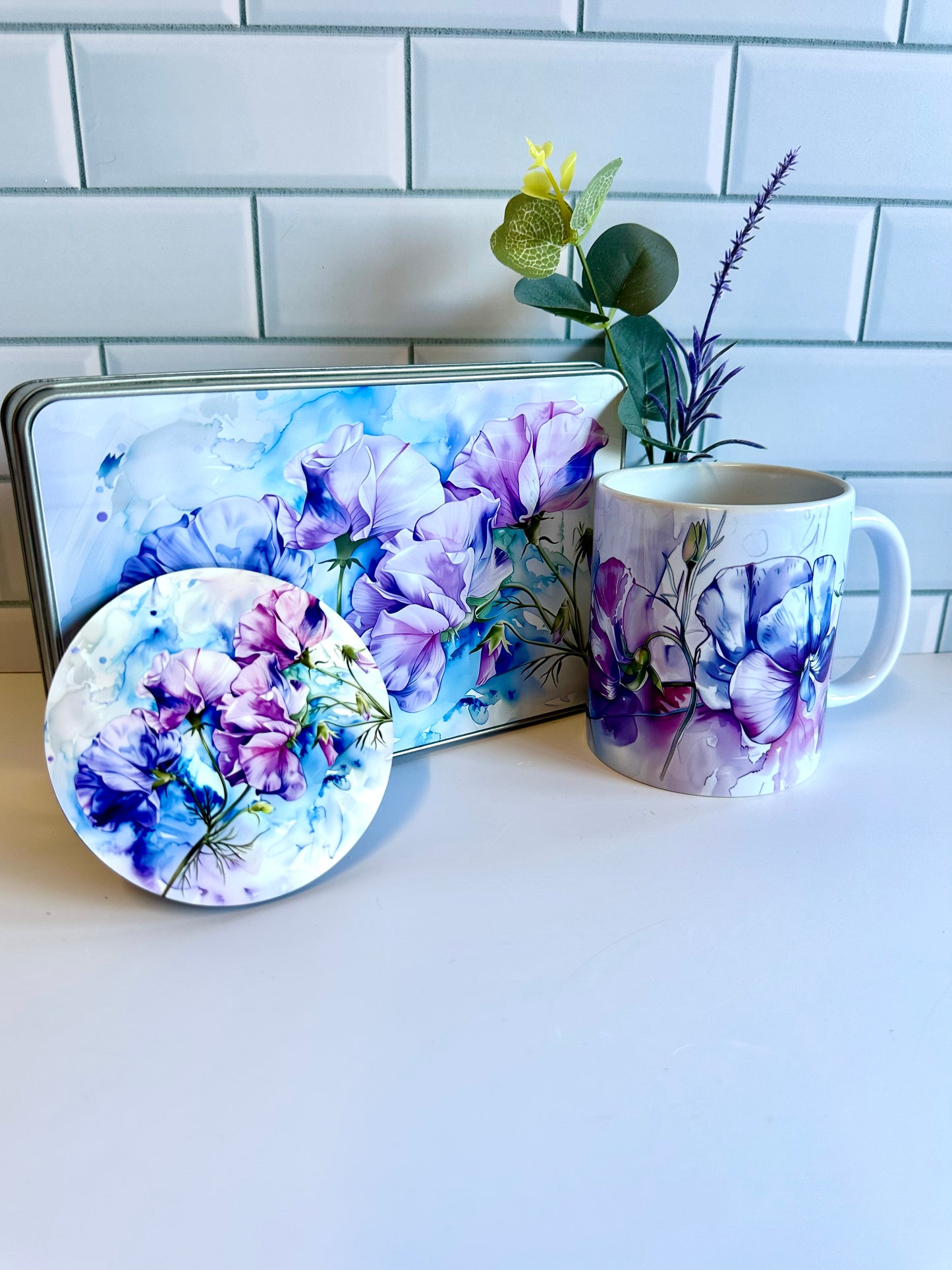 Sweet pea gift box, ceramic mug, coaster and tin, the perfect gift