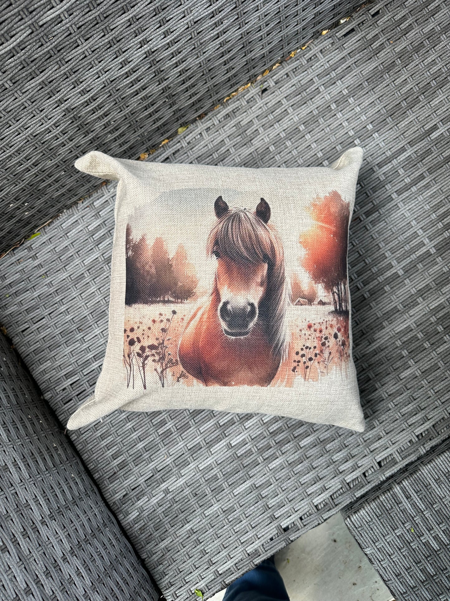 Pony design by The House of Rookery cushion cover. Hesian type finish