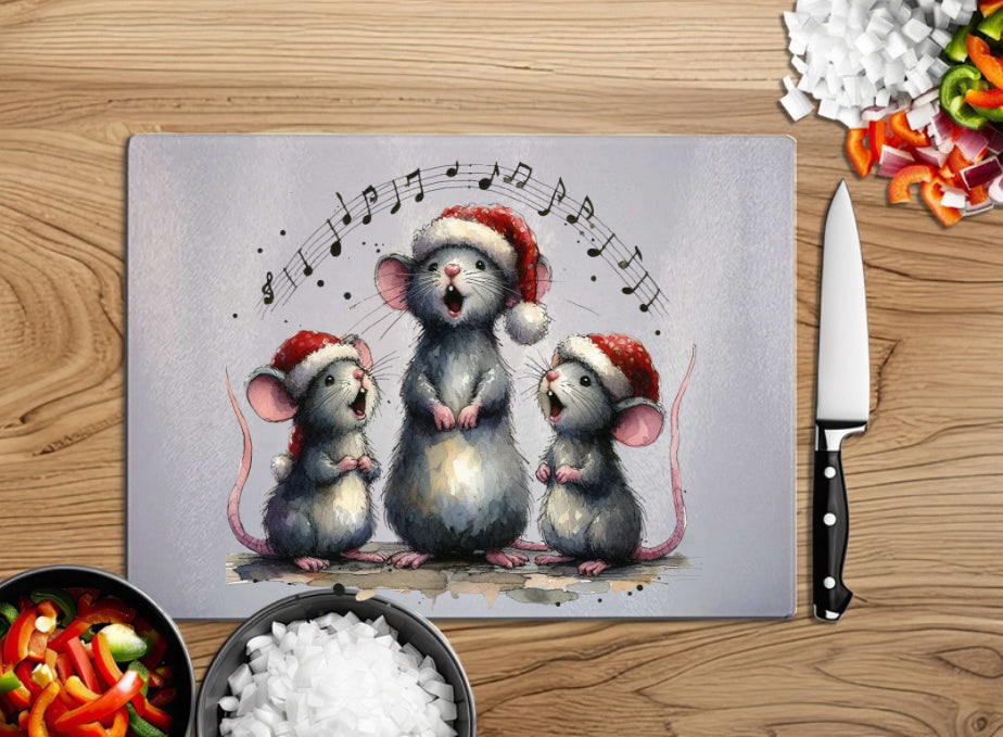 Exclusive singing mice design by The House of Rookery, A4 glass chopping board