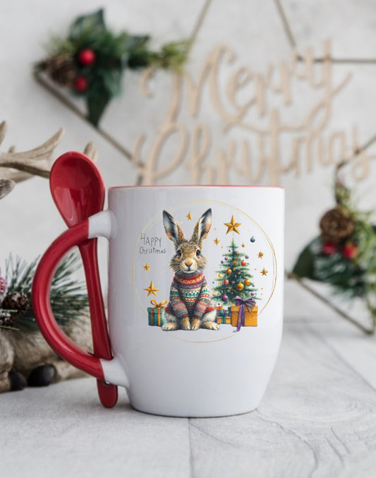 Gorgeous hot chocolate mug with red inner, handle and spoon. Gorgeous Hare design by The House of Rookery, perfect for hot chocolate