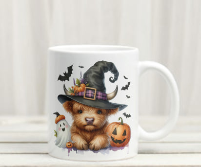 Highland cow in witches hat Halloween mug