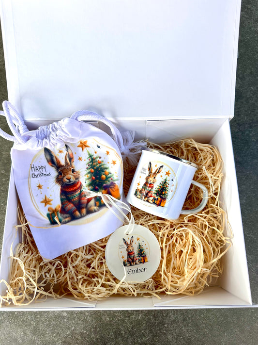 Christmas gift box with treat bag, decoration and enamel mug, pre order now despatched from 1st September