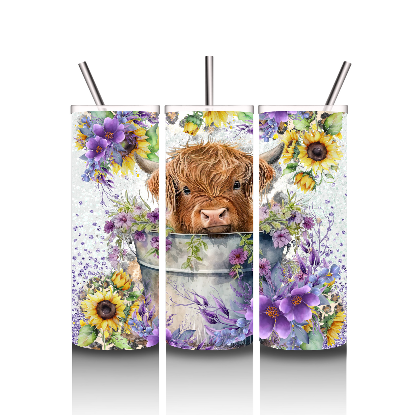 Highland Cow Surrounded In Spring Flowers 20oz Tumbler