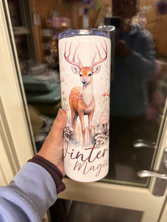 Winter magic deer design, 20oz tumbler with metal straw