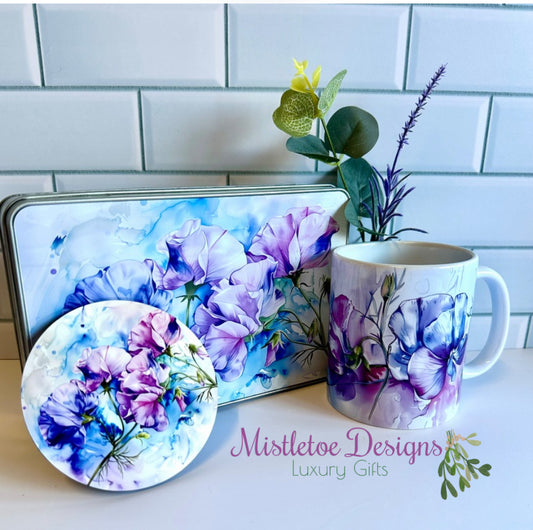 Sweet pea gift box, ceramic mug, coaster and tin, the perfect gift