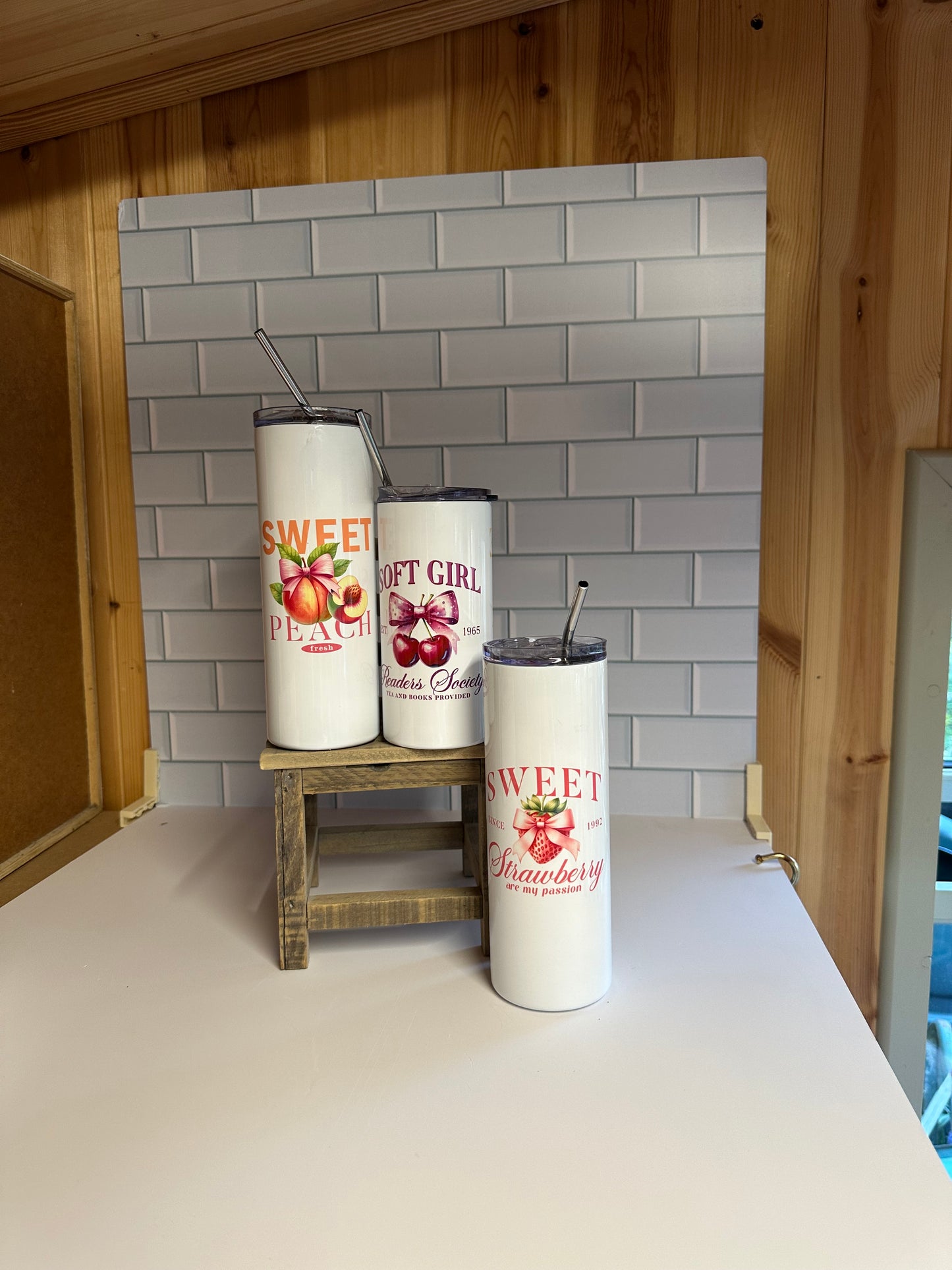 Fresh summer fruit design hot and cold tumblers. Add a tote bag in the same basket to get it free