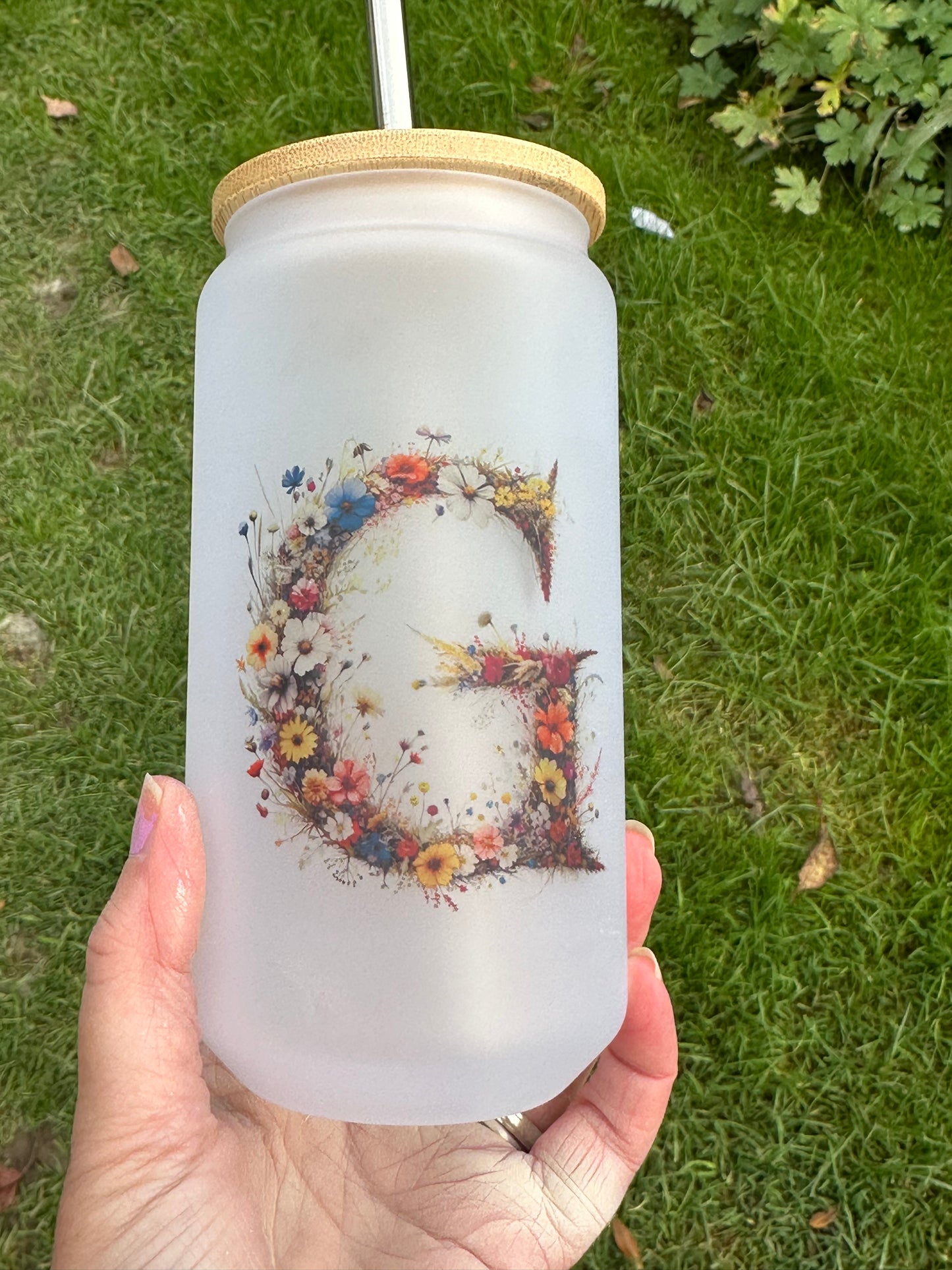 Frosted glass beaker with floral initial by The House of Rookery