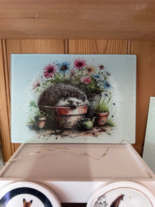 Textured glass A4 chopping board, with unique hedgehog design by The House of Rookery