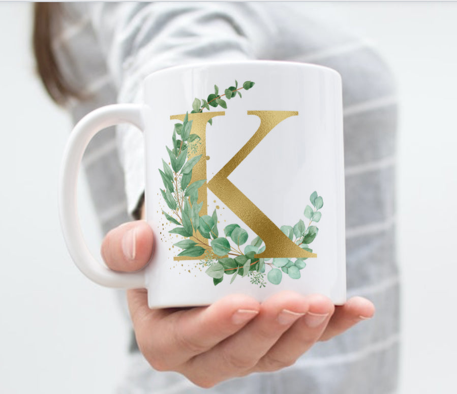 Eucalyptus wreath with gold inital mug