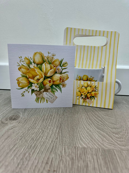 Mother’s Day set, beauty yellow tulip design, with mug and card.