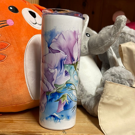 Skinny tumbler with watercolour sweet pea designs