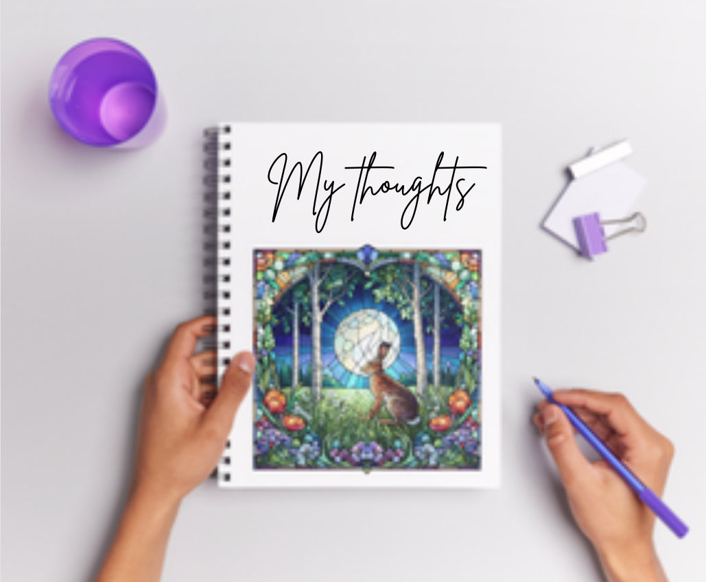 My thoughts note book with stain glass hare design