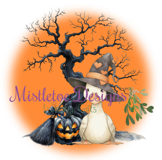 Goose with pumpkin and broomstick