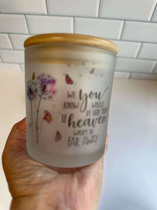 Memorial candle holder, frosted glass jar with bamboo lid