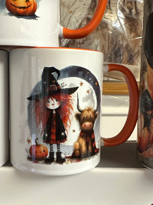 Girl and Highland cow Halloween mug, orange inner , and handle