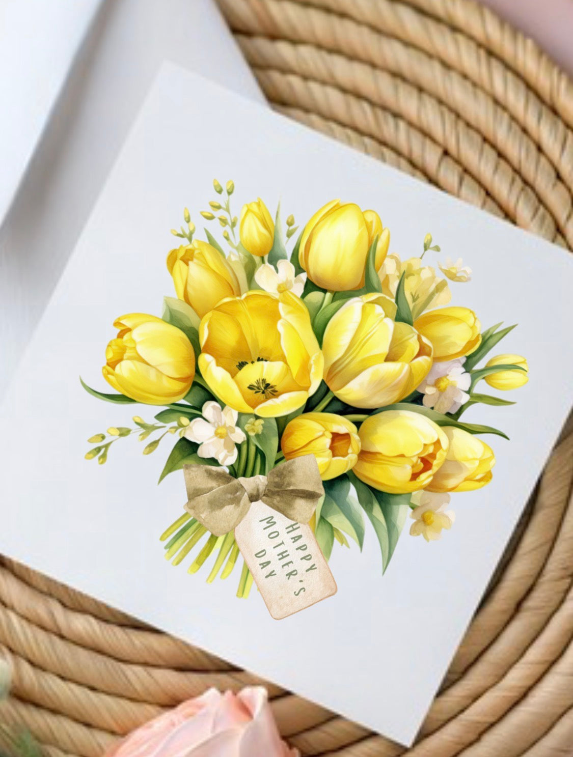 Mother’s Day card, yellow tulip bouquet with Happy Mothers Day tag