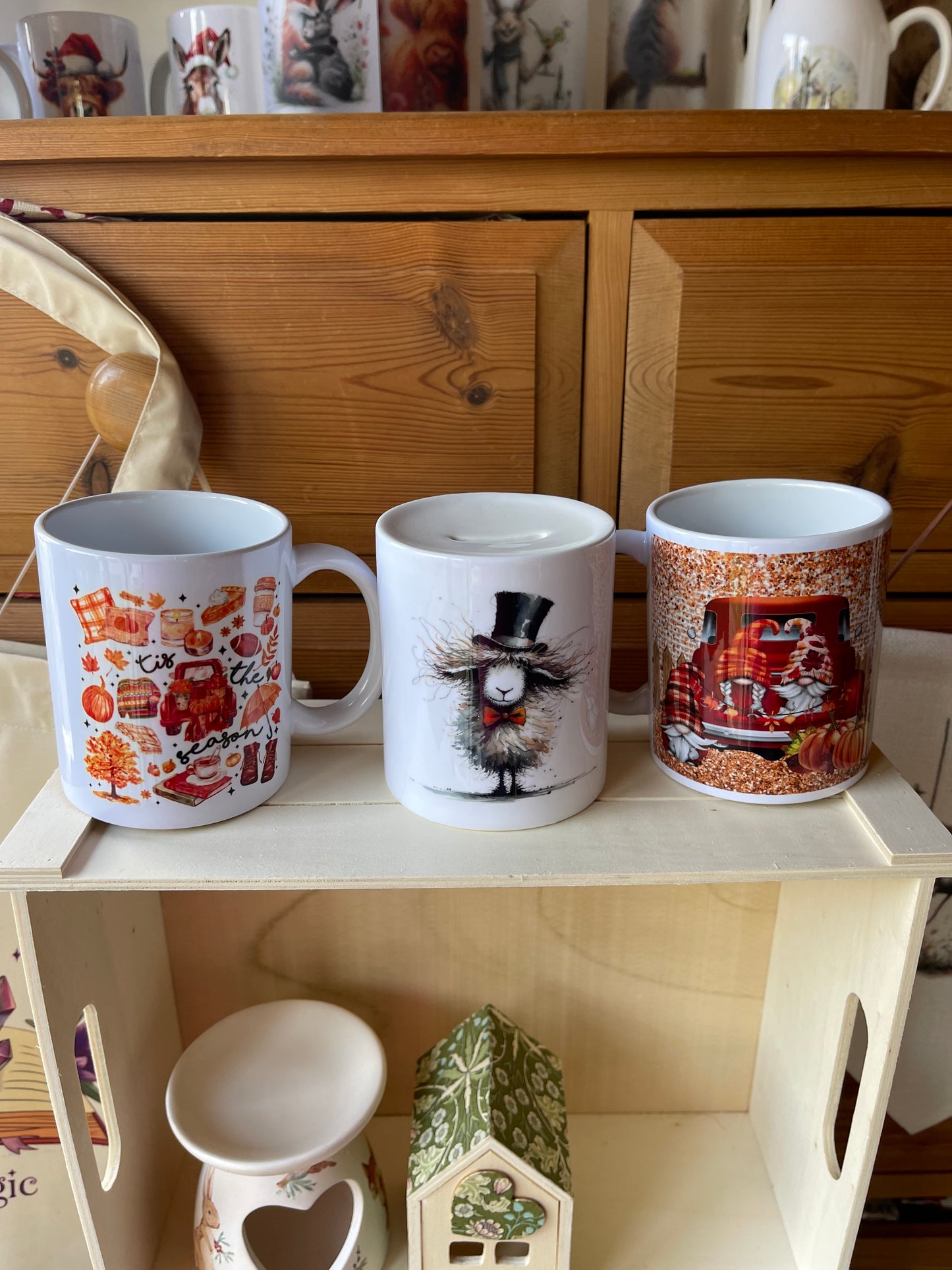 Autumn mugs and sheep money box