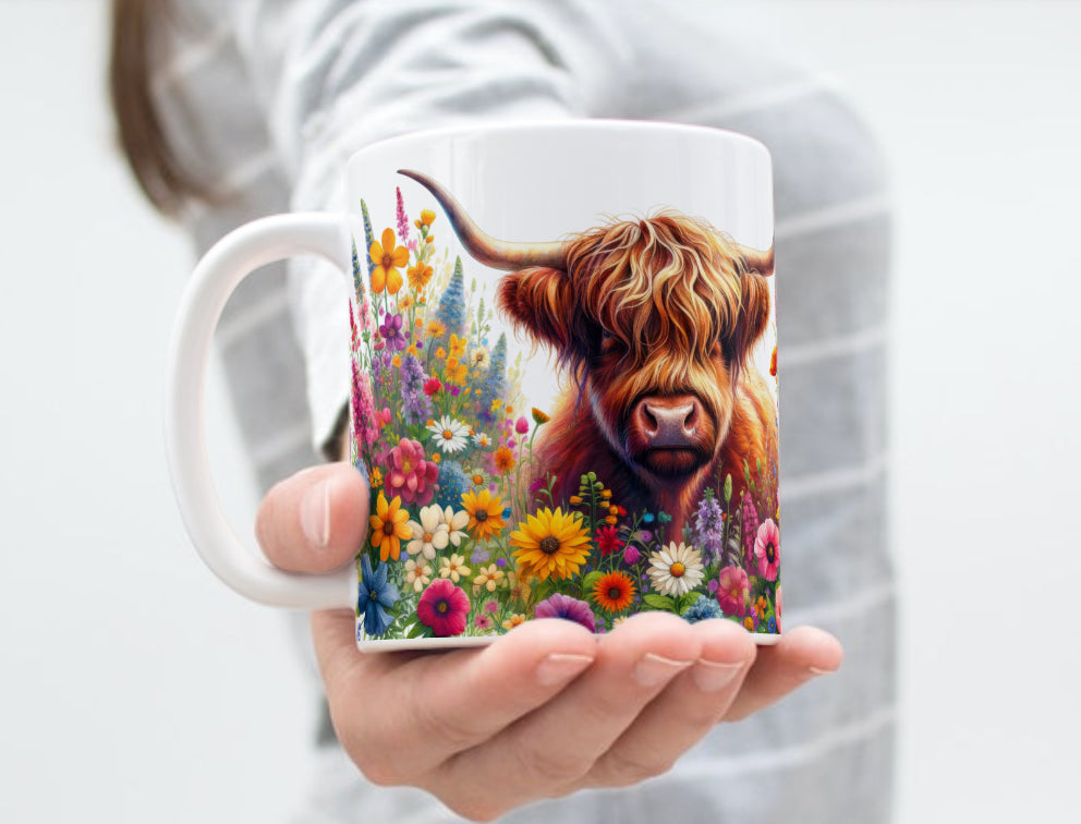 Highland cow in flower meadow mug