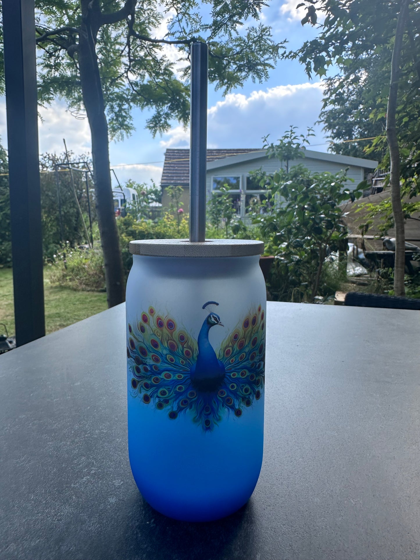 Blue ombré glass tumbler with peacock design