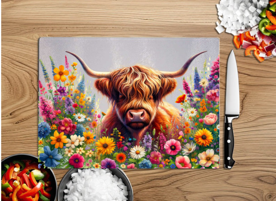 Highland cow design A4 glass chopping board