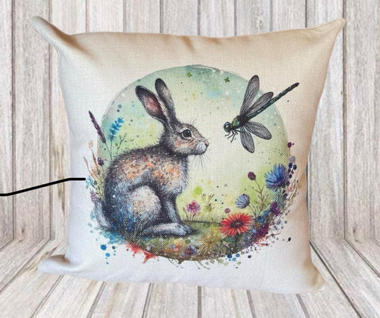 Hare and dragon fly cushion cover