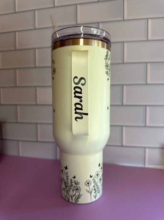 40oz drinks cup, personalised handle , floral design