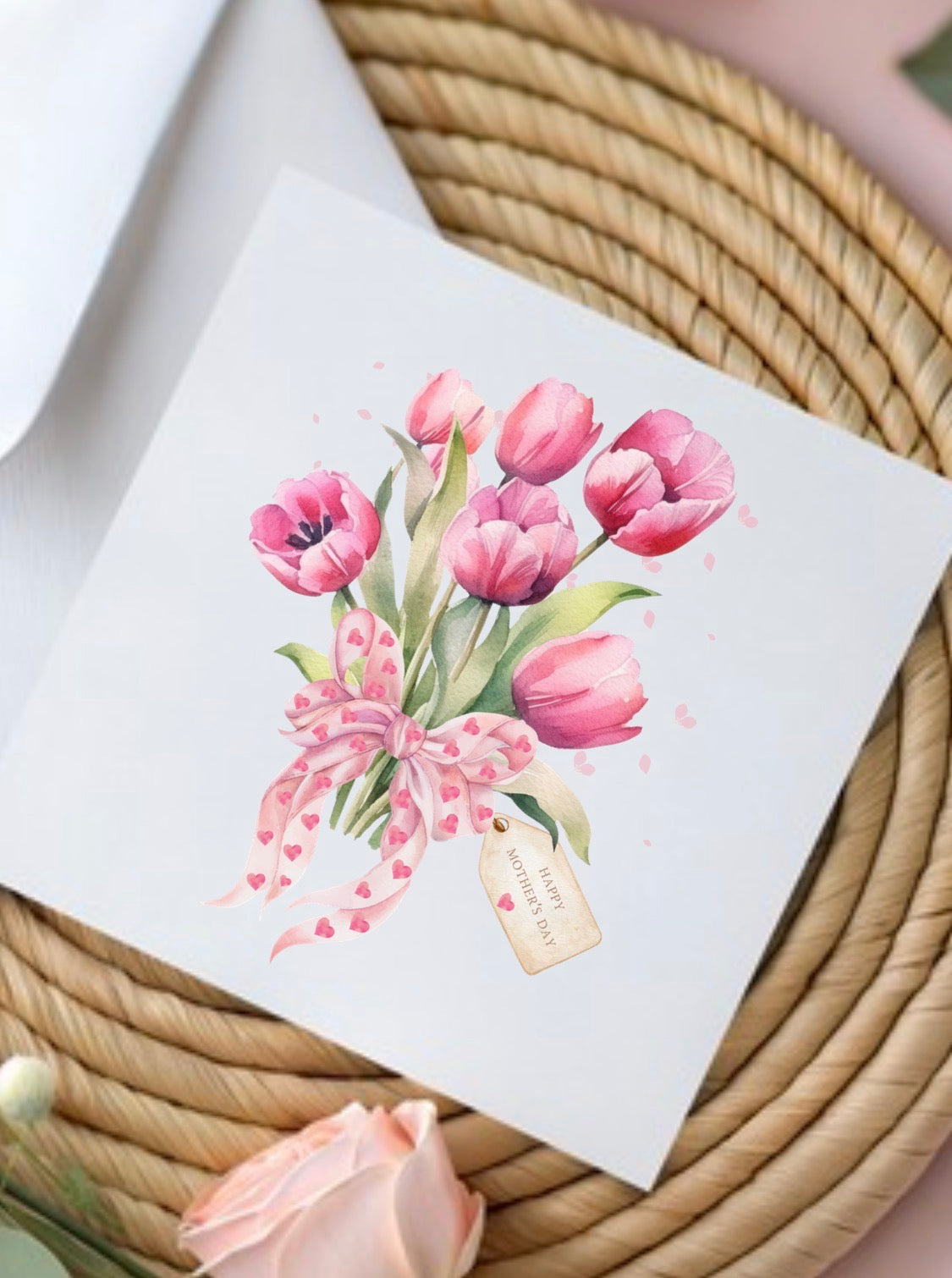 Mother’s Day card with pink bouquet tied with ribbon with pink hearts, Happy Mother’s Day tag