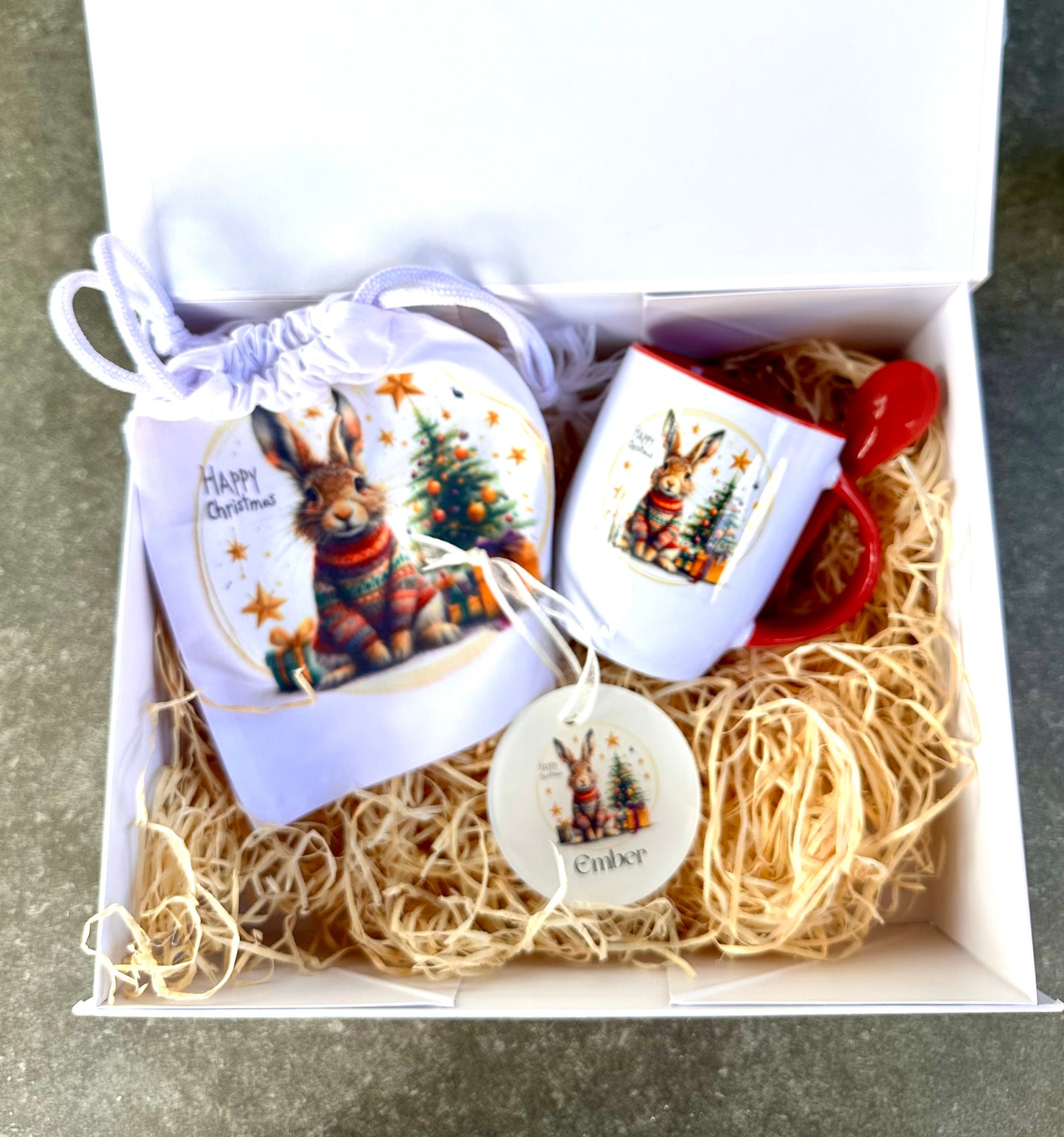 Christmas box with treat bag , decoration and mug with spoon. Pre order now, despatch from 1st September