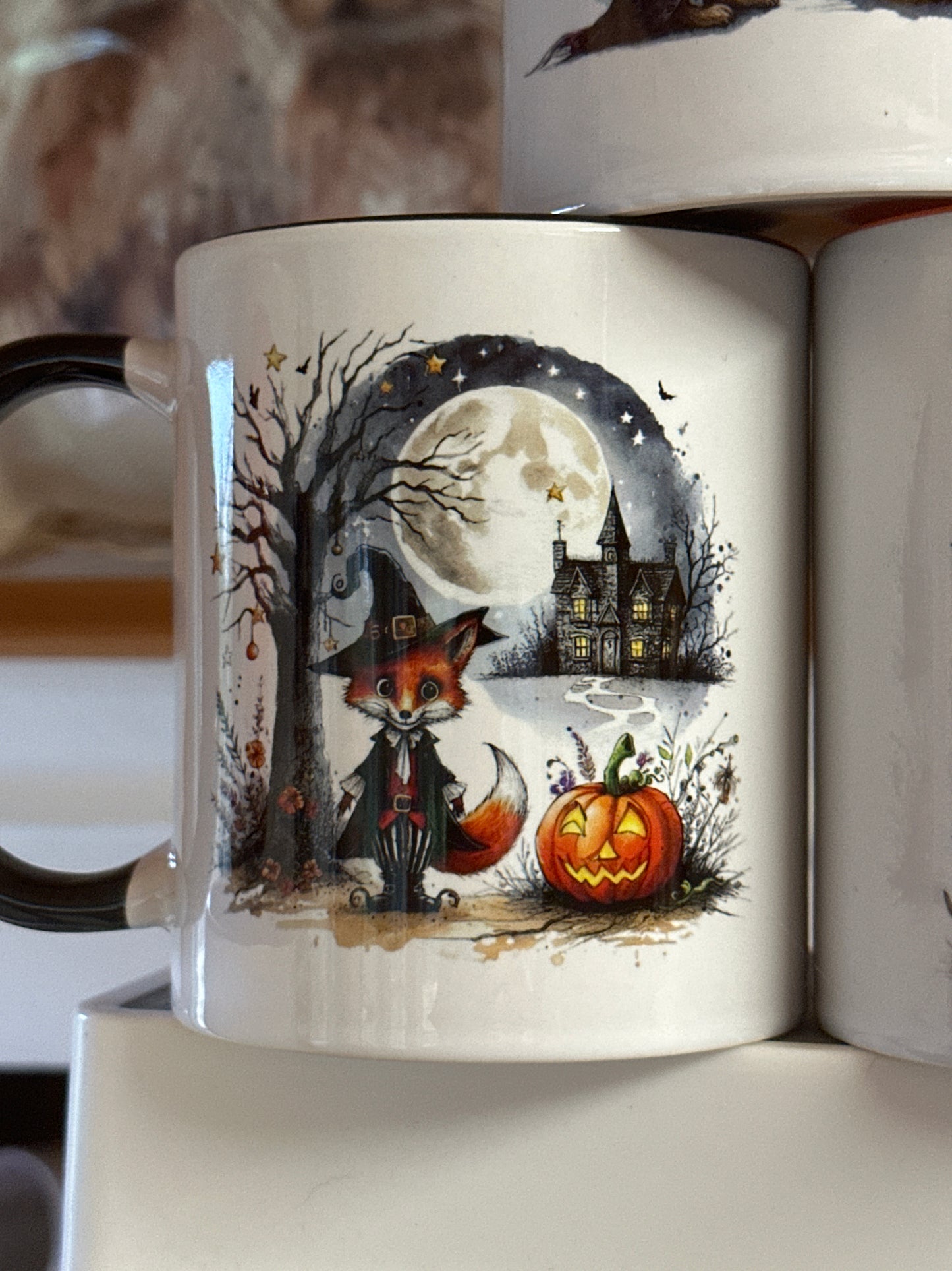 Halloween Fox design mug with black inner and handle