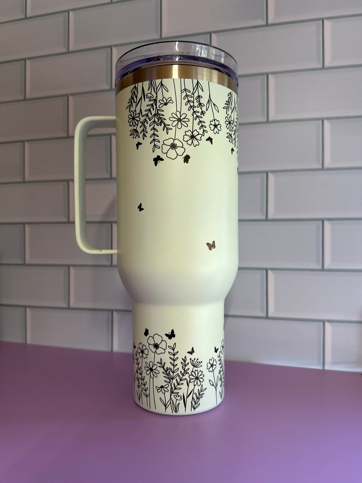 40oz drinks cup, personalised handle , floral design