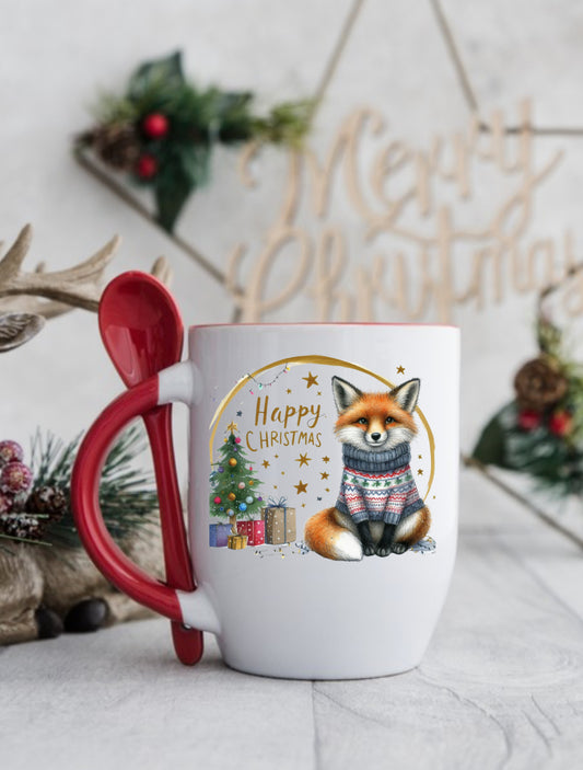 Gorgeous hot chocolate mug with red inner, handle and spoon. Gorgeous Fox design by The House of Rookery, perfect for hot chocolate , Happy Christmas