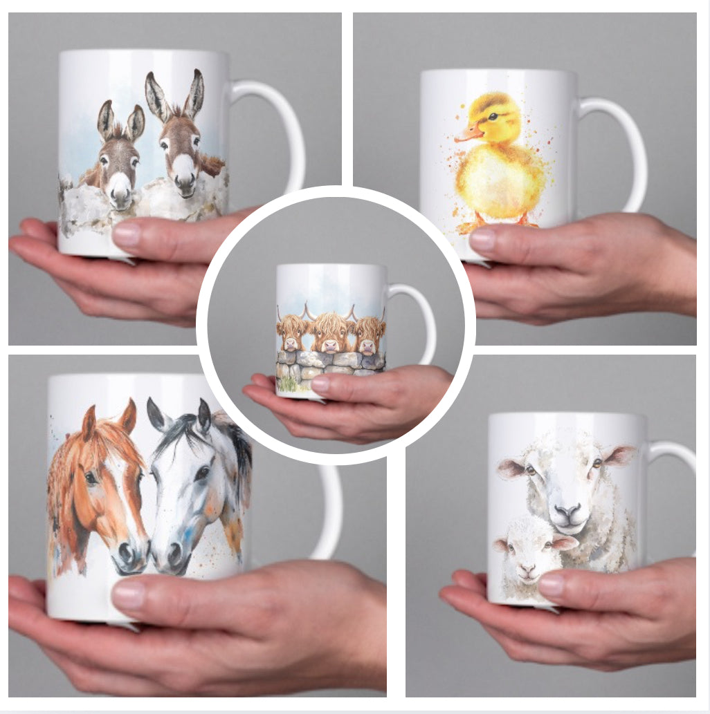 Watercolour farmyard animals mug, single, set of two or four