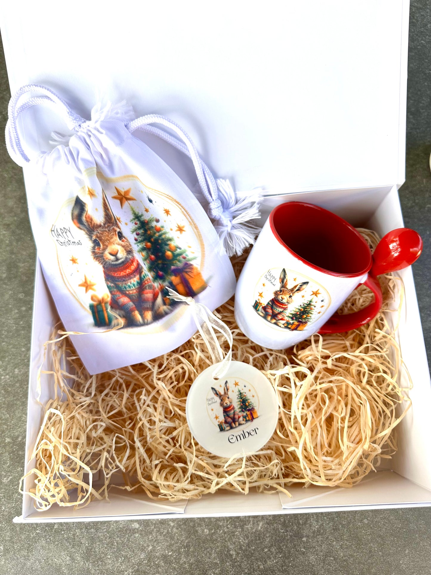 Christmas box with treat bag , decoration and mug with spoon. Pre order now, despatch from 1st September